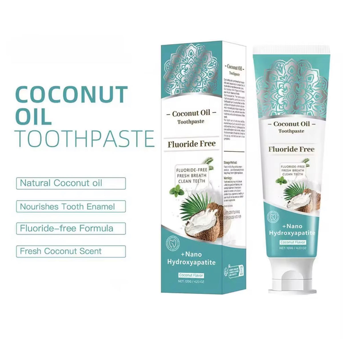 Coconut Oil Toothpaste shown with its retail box and tube on a white background, alongside marketing text highlighting natural coconut oil, fluoride-free formula, and nano hydroxyapatite.
