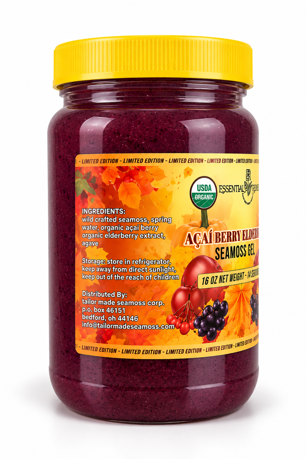 A jar of Essential Nutrition Acai Berry Elderberry Seams Gel with a bright yellow lid and a colorful label, set against a plain white background.