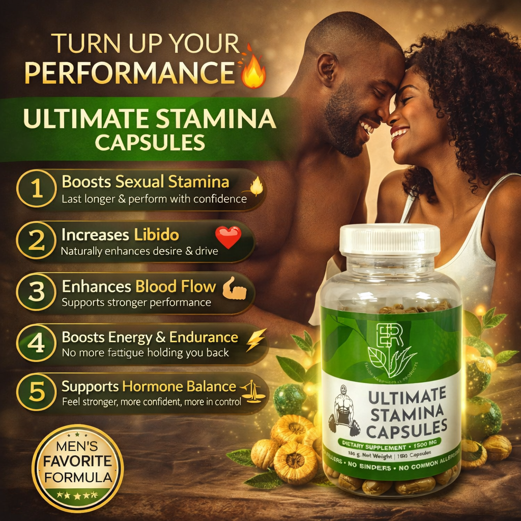 Advertisement for Ultimate Stamina Capsules with a couple embracing and product packaging.