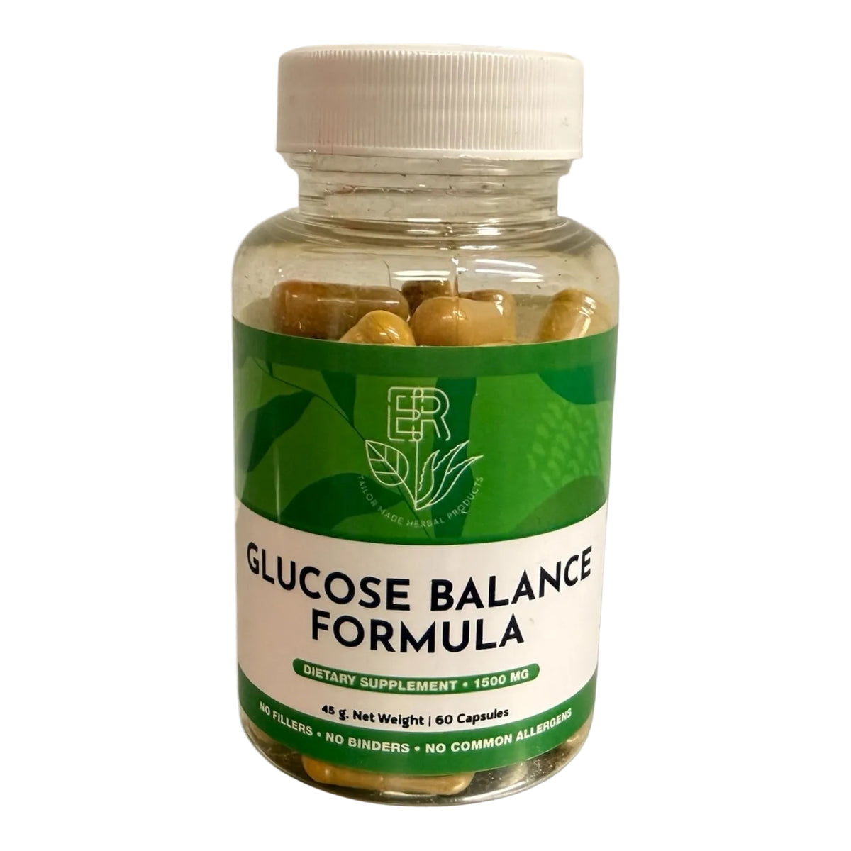 Supplement bottle labeled 'Glucose Balance Formula' on a white background