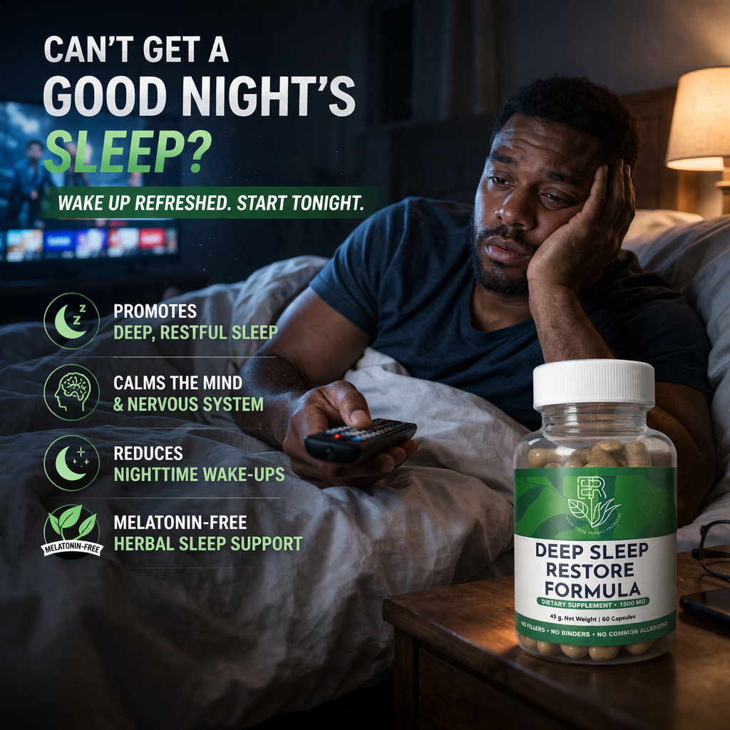 Man in bed with a remote control, bottle of Deep Sleep Restore Formula on nightstand, and text about sleep issues.