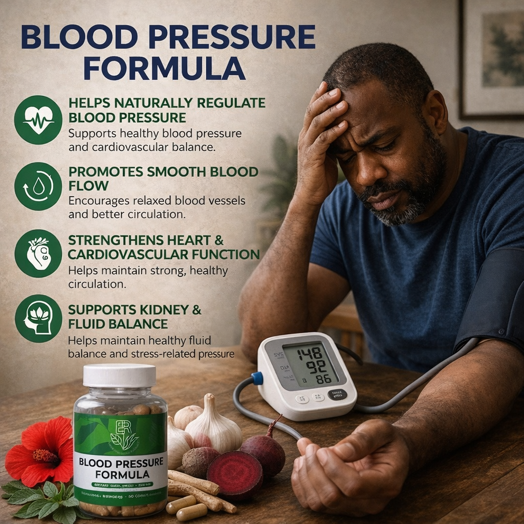 Man checking blood pressure with a device, surrounded by herbs and a bottle labeled 'Blood Pressure Formula'.