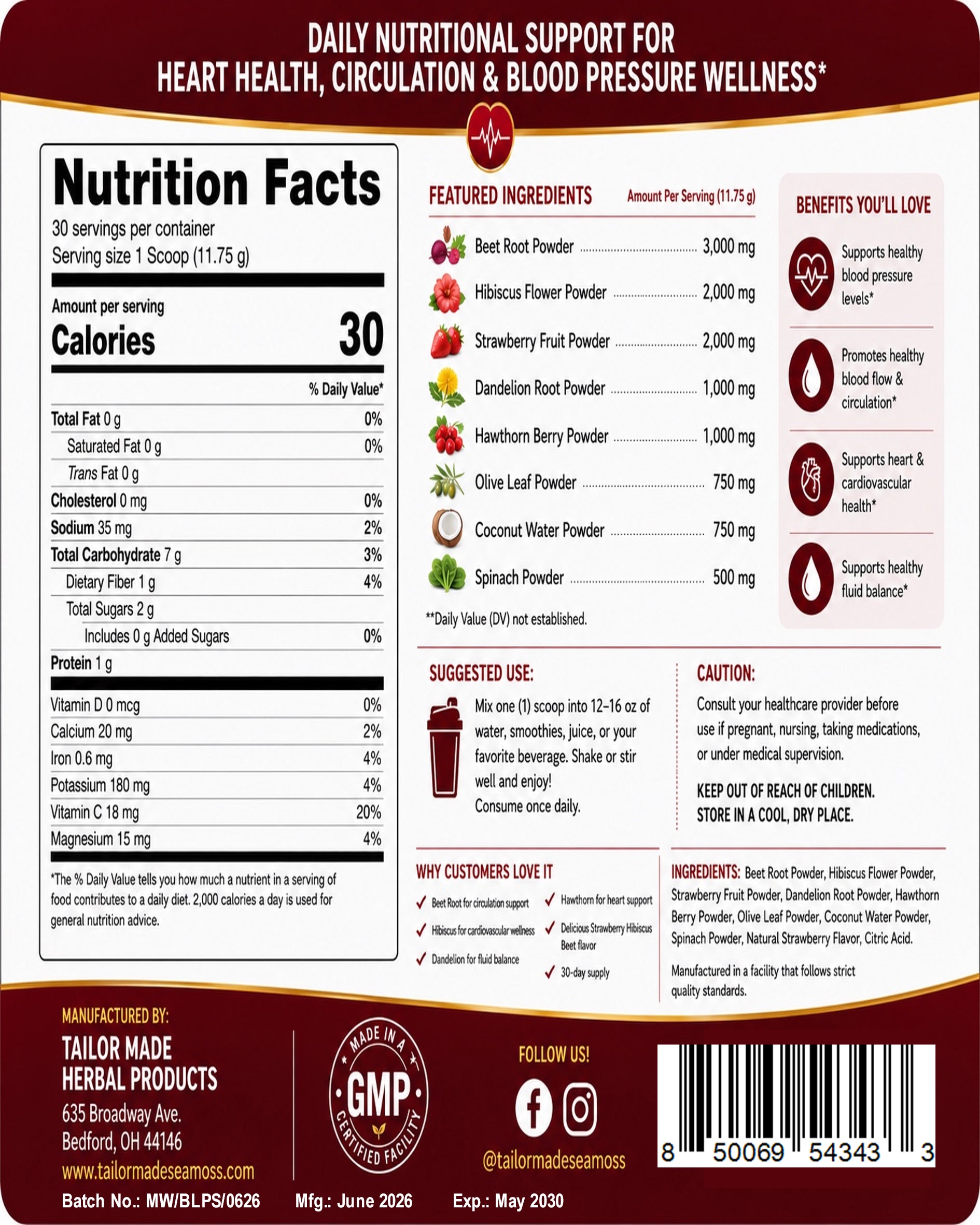 The back of a herbal supplement box showing detailed product information, including a Nutrition Facts panel, featured ingredients, suggested use, benefits, caution, manufacturer details, and a barcode on a dark red background.
