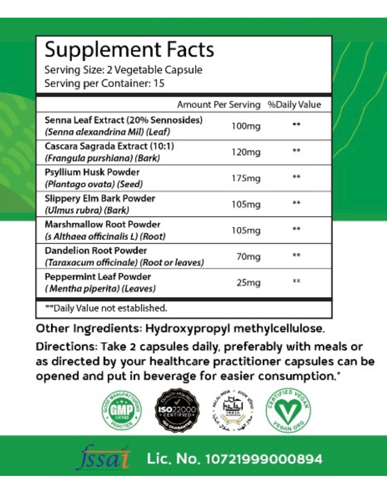 Supplement facts label with green border and certification logos.