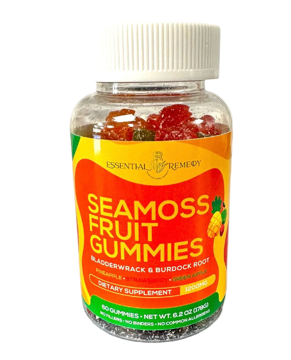A bottle of Essential Anchor Remedies Seamoss Fruit Gummies, featuring a white ribbed cap and a vibrant orange and yellow label, filled with multicolored gummy bears visible through the clear bottle.