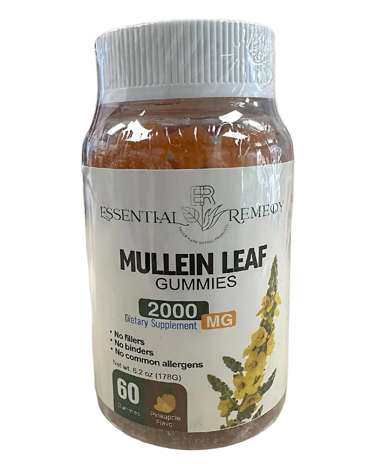 Bottle of Mullein Leaf Gummies with label on a white background