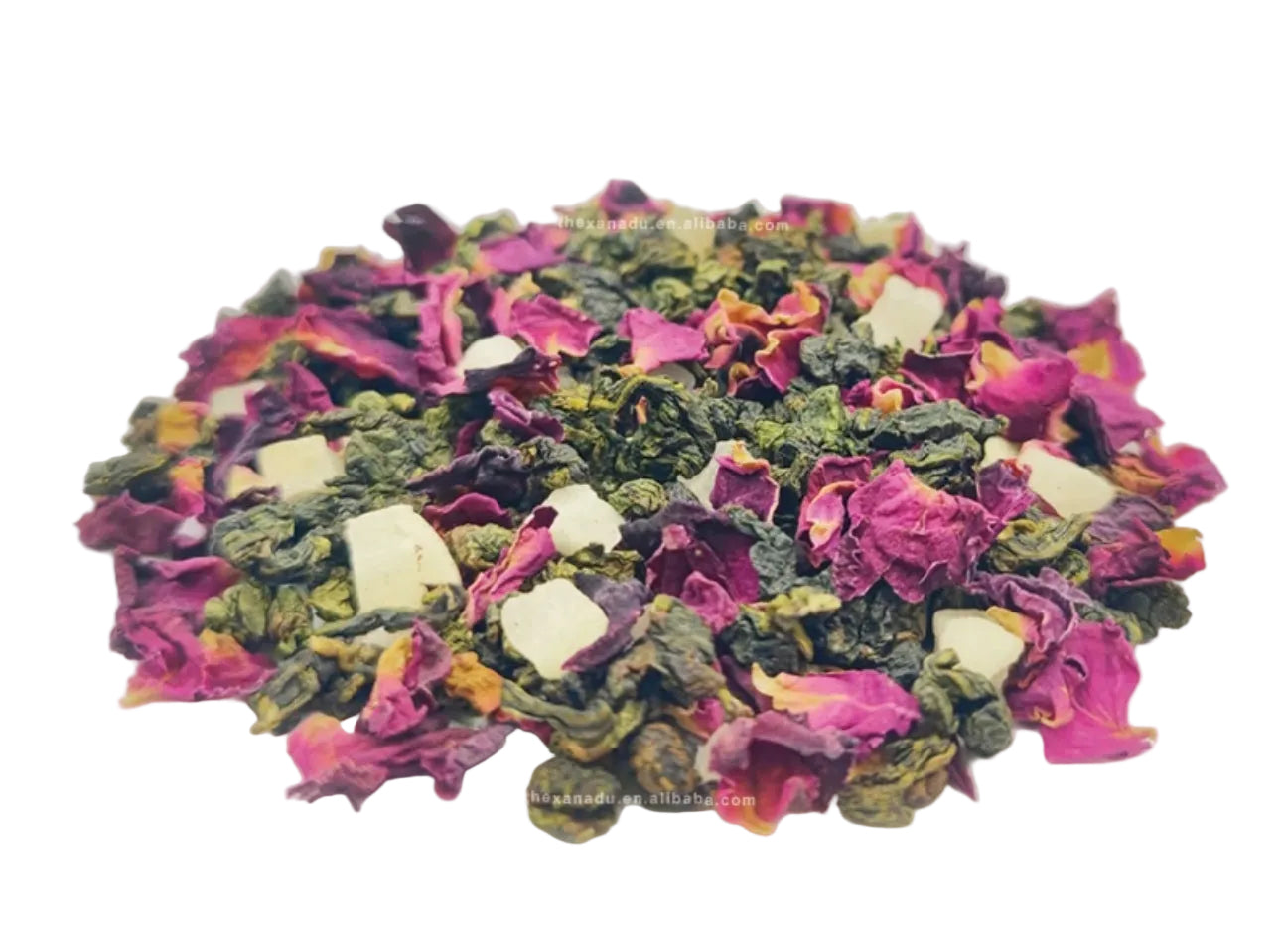 A pile of loose-leaf herbal tea blend on a white background, featuring dark green tea leaves, dried pink rose petals, and small white flower pieces.