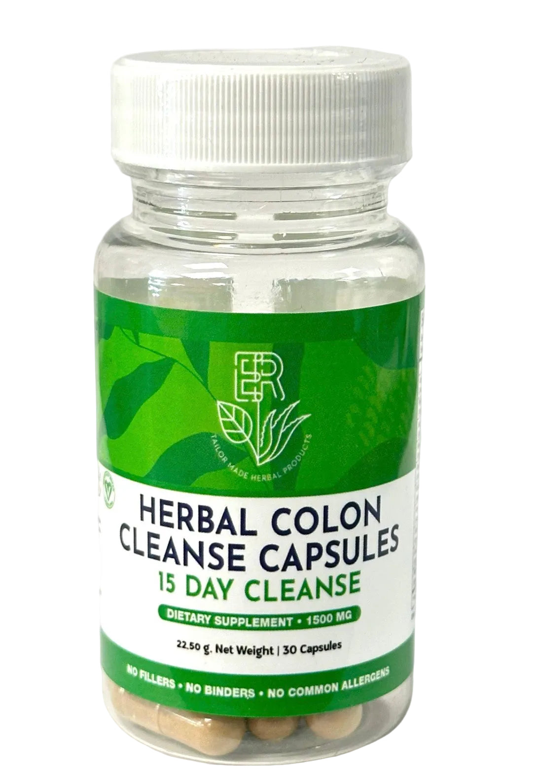 Bottle of Herbal Colon Cleanse Capsules with green label on a white background
