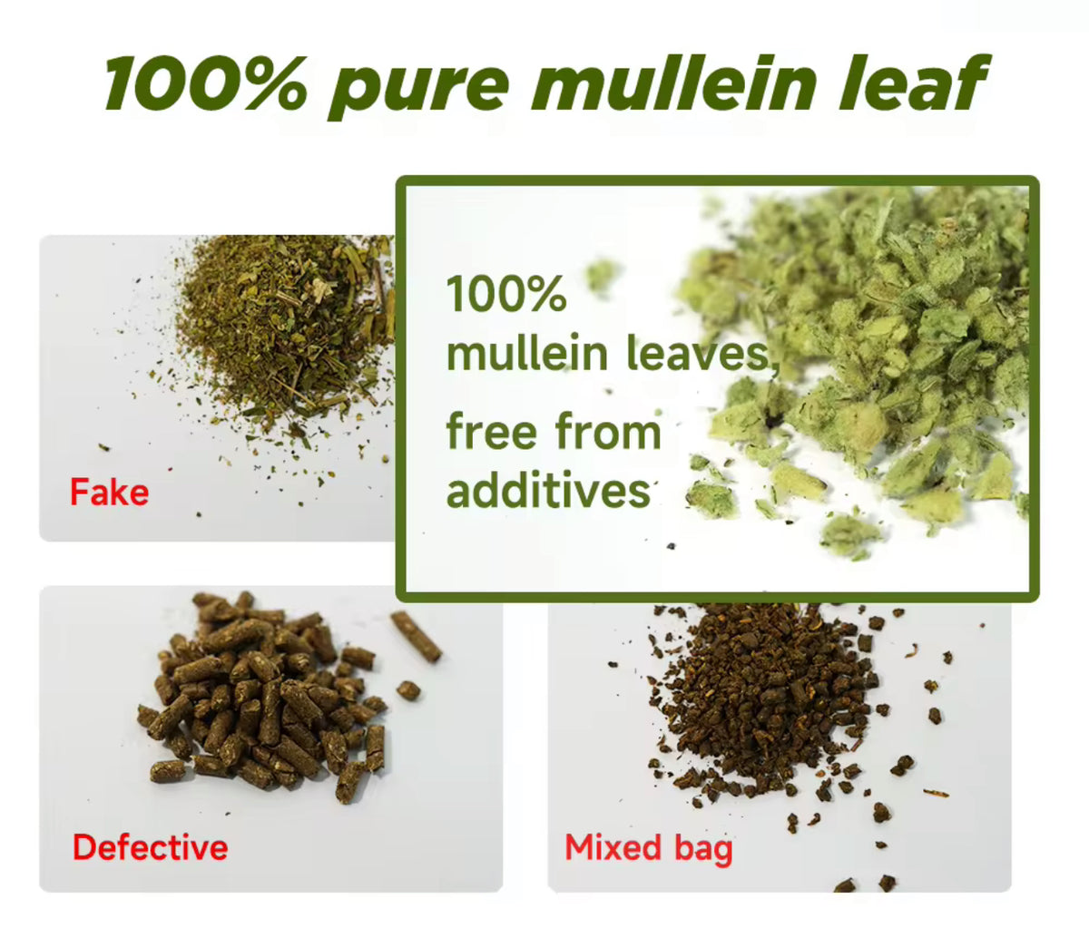 Comparison of mullein leaves labeled as 'fake', 'defective', and 'mixed bag' on a white background.