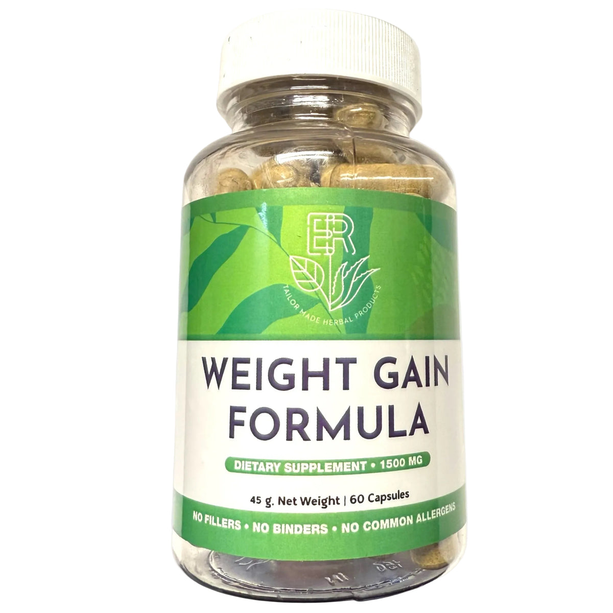 Supplement bottle labeled 'Weight Gain Formula' with a green label on a white background