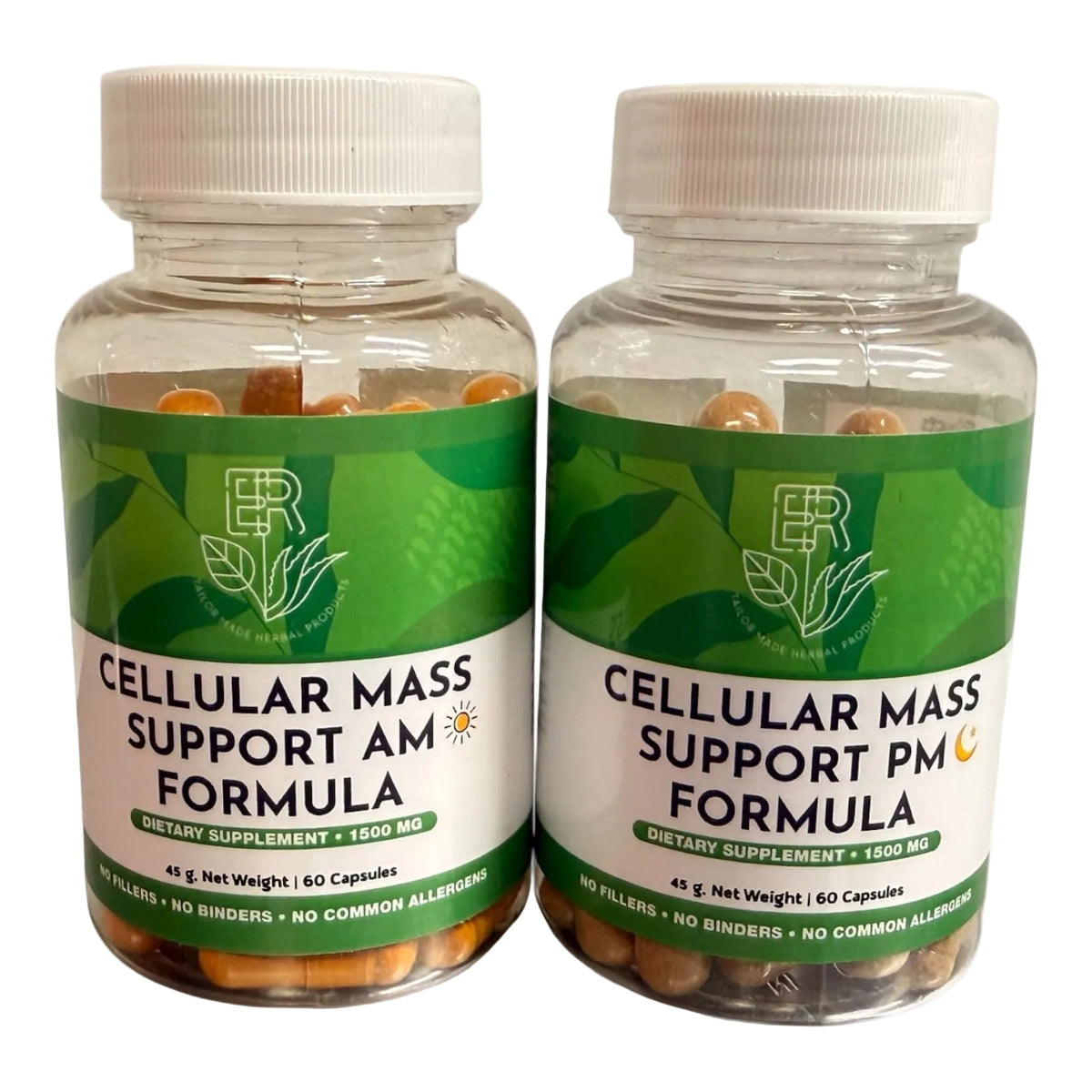 Two bottles of Cellular Mass Support AM and PM Formula on a white background