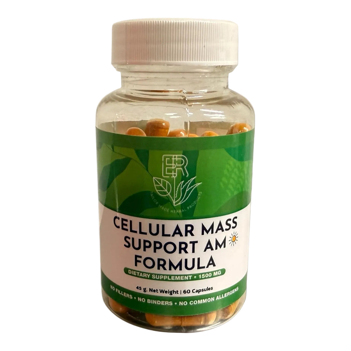 Supplement bottle labeled 'Cellular Mass Support AM Formula' on a white background