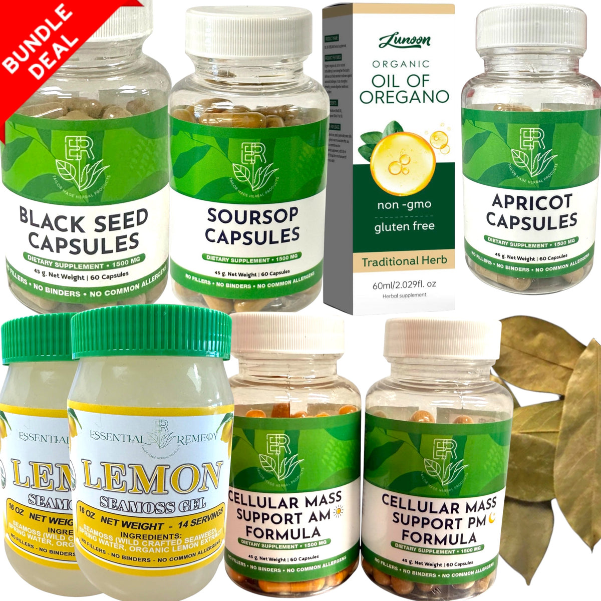 Collection of health supplement bottles with labels on a white background