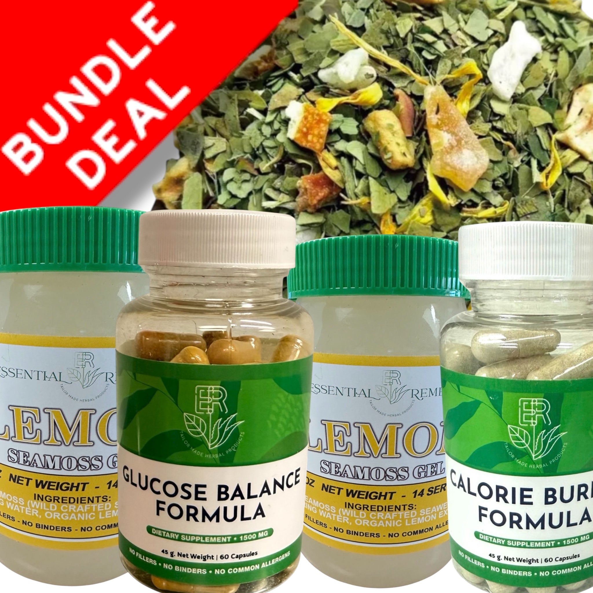 Three supplement bottles labeled 'Essential Remedies' with green caps and white labels are shown in front of loose herbal tea leaves, with a red diagonal banner reading 'BUNDLE DEAL'. The bottles appear to be lemon sea moss gel or supplement bottles.