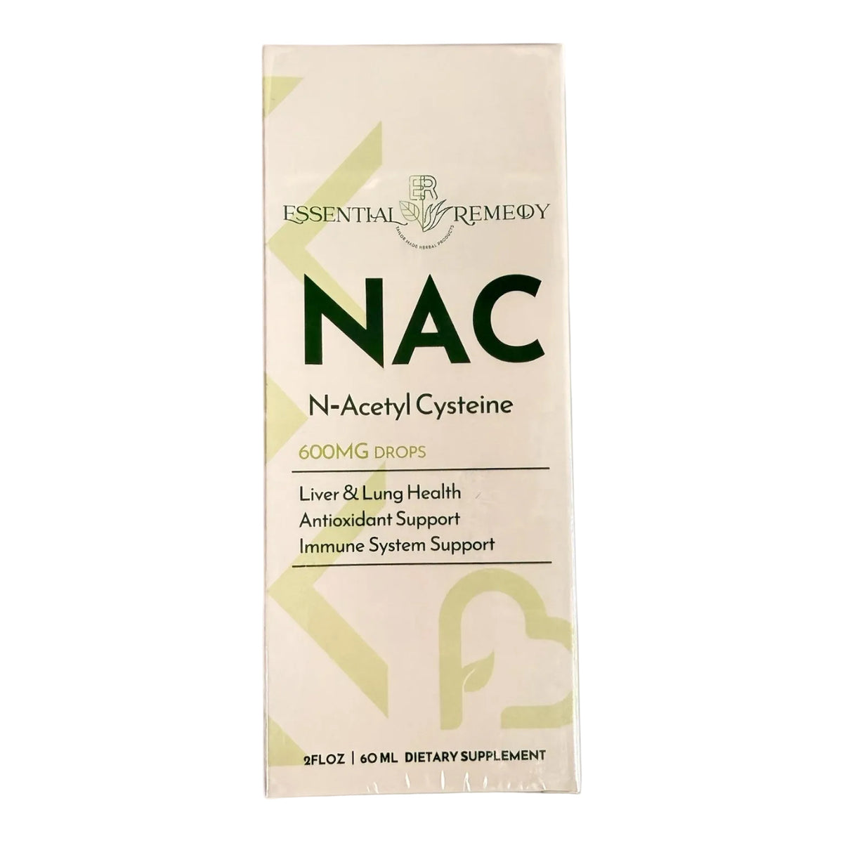 Supplement box labeled 'NAC' by Essential Remedy on a white background