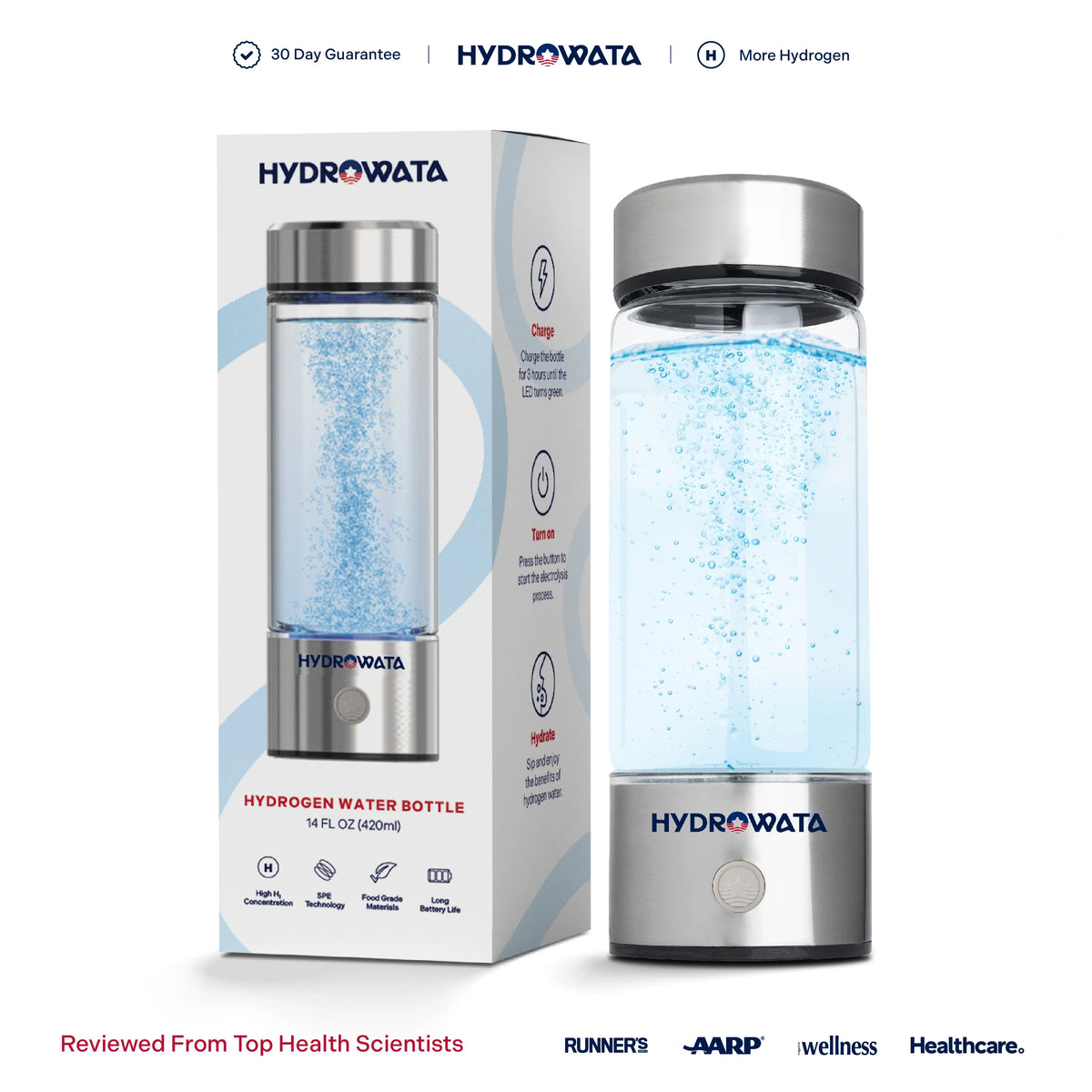 One glass and metal HydroWata bottle next to its box, filled with bubbling water and labeled 14 FL OZ (420ml).