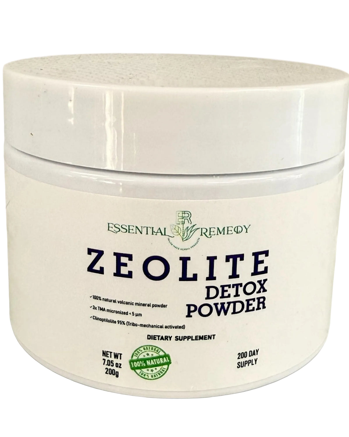A white plastic tub of Essential Remedy Zeolite Detox Powder with a matching white lid, set against a clean white background.