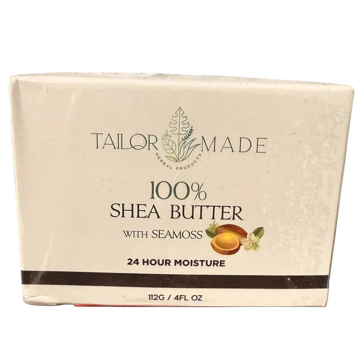 A cream-colored rectangular box of Tailor Made 100% Shea Butter with Seamoss, 24 Hour Moisture, 112g (4 fl oz), shown on a white background with a soft shadow.