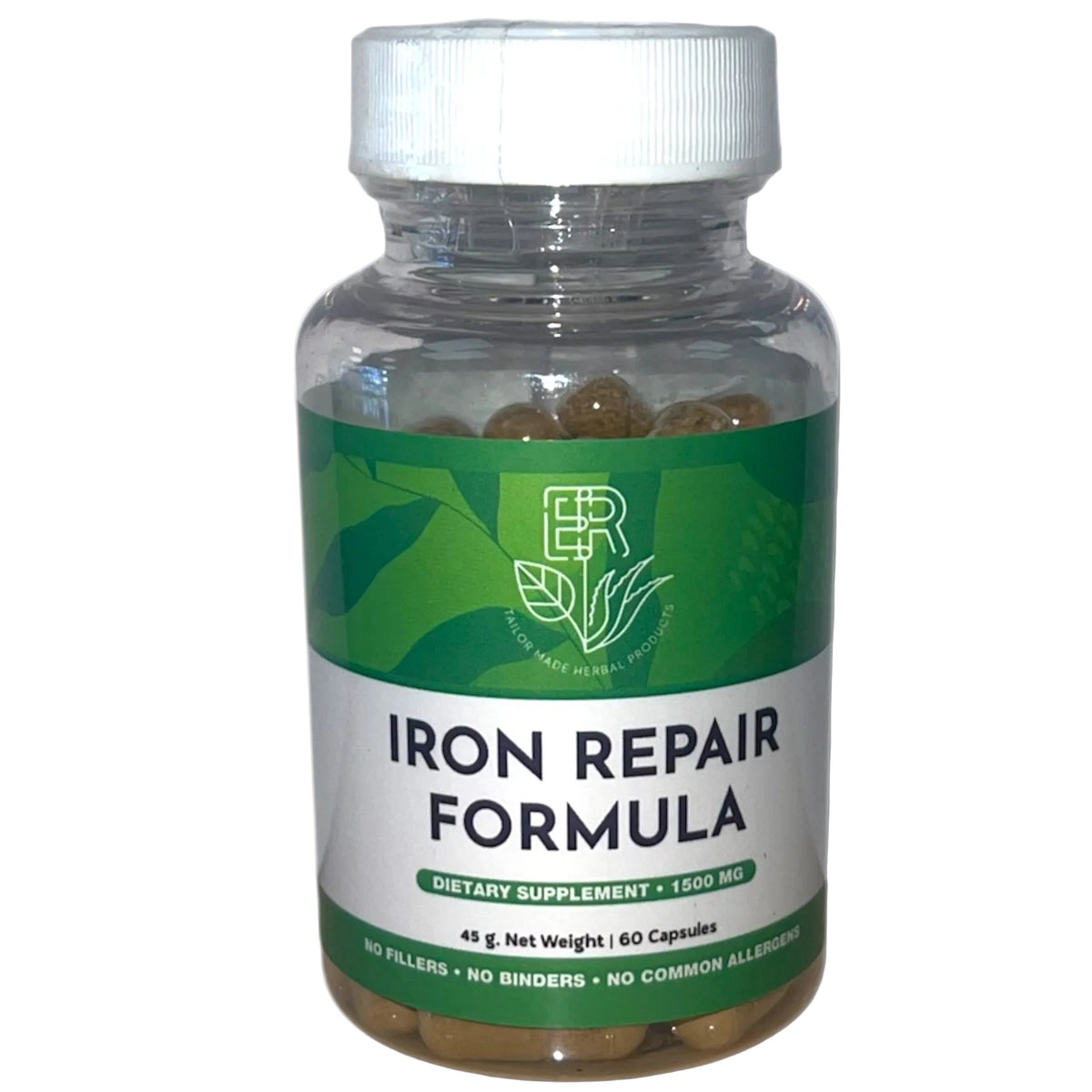 Supplement bottle labeled 'Iron Repair Formula' with a green label on a white background