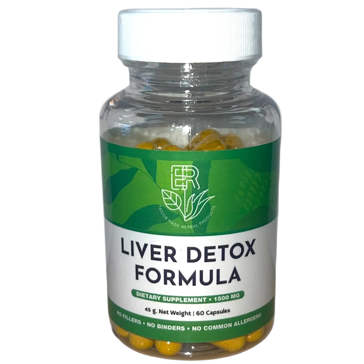 Bottle of liver detox formula dietary supplement with a green label on a white background