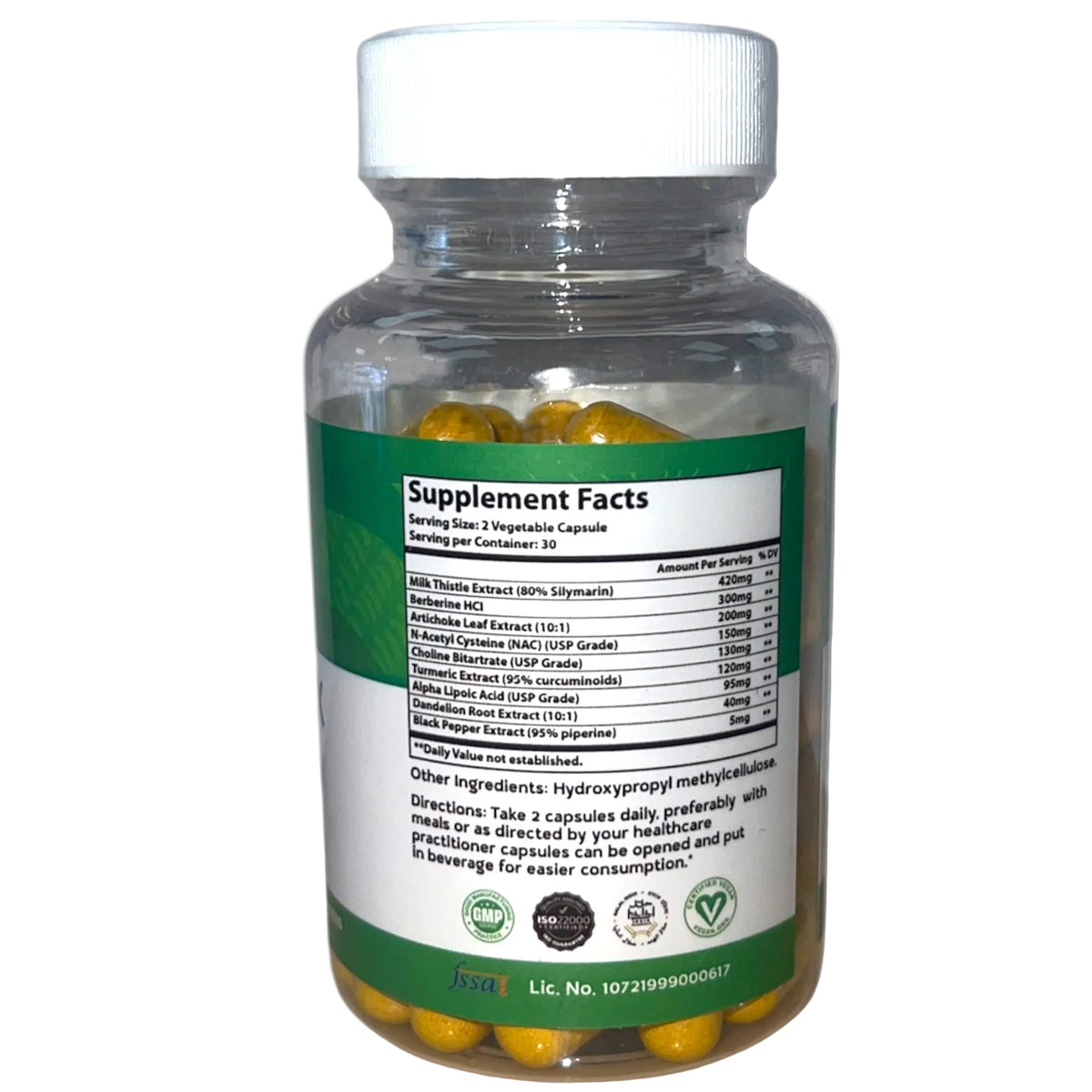 Supplement bottle with yellow capsules and visible label on a white background