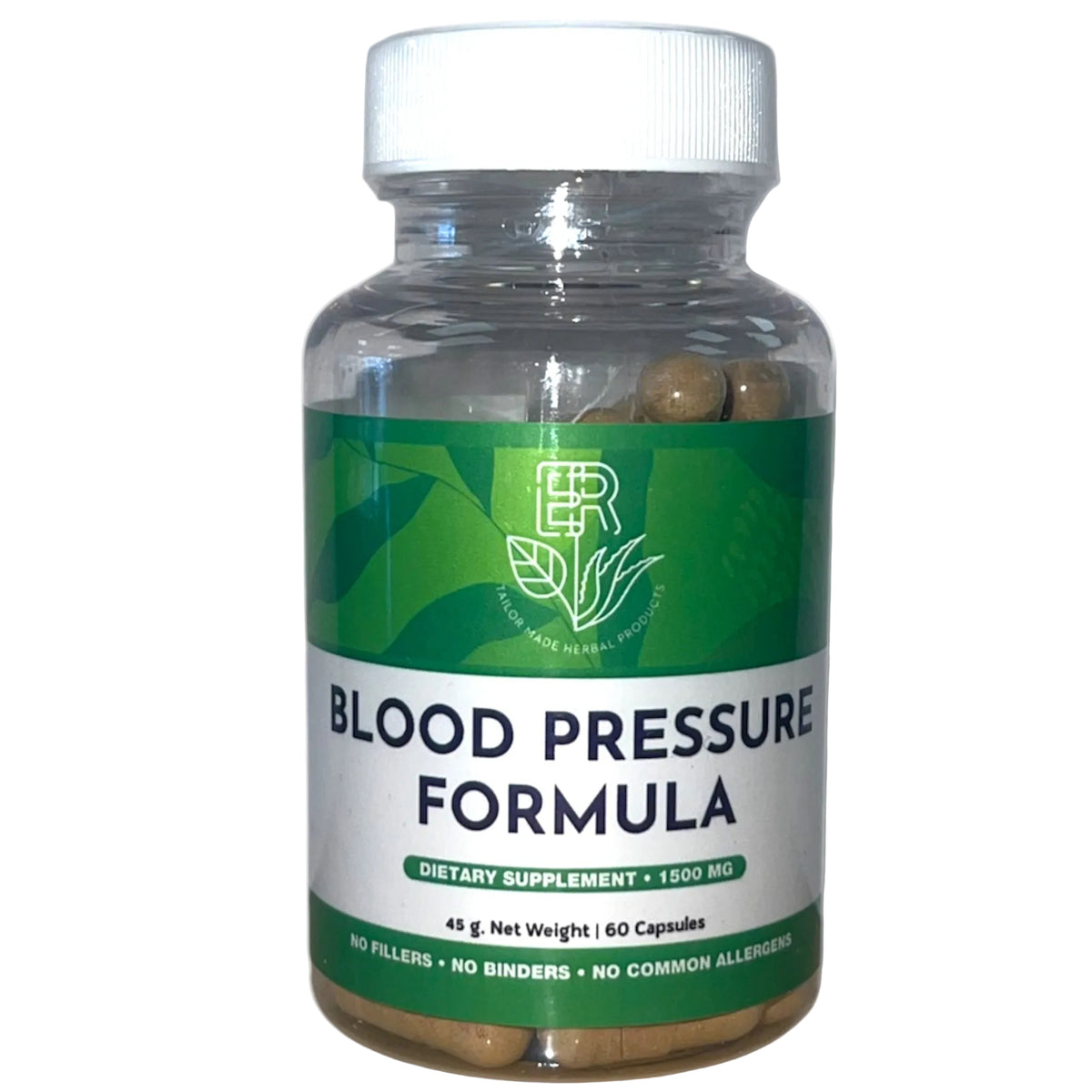 A clear plastic bottle of ER Natural Products Blood Pressure Formula dietary supplement with a green and white label, containing brown capsules, on a white background.