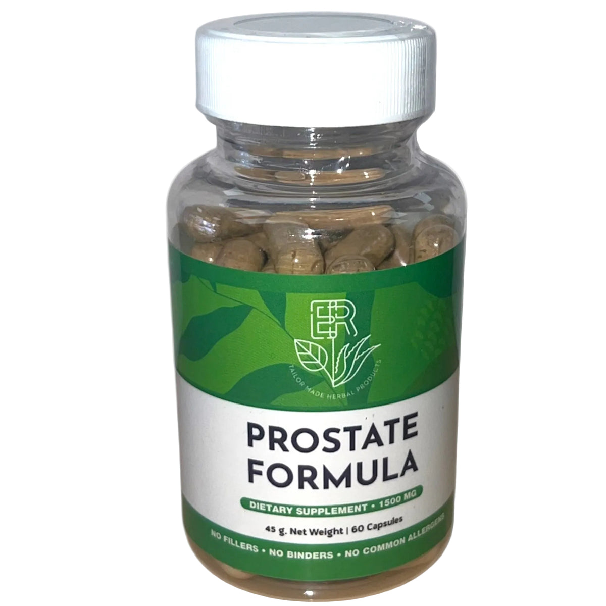 Bottle of Prostate Formula dietary supplement with green label on a white background