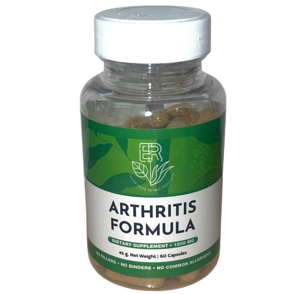 Supplement bottle labeled 'Arthritis Formula' with a green label on a white background