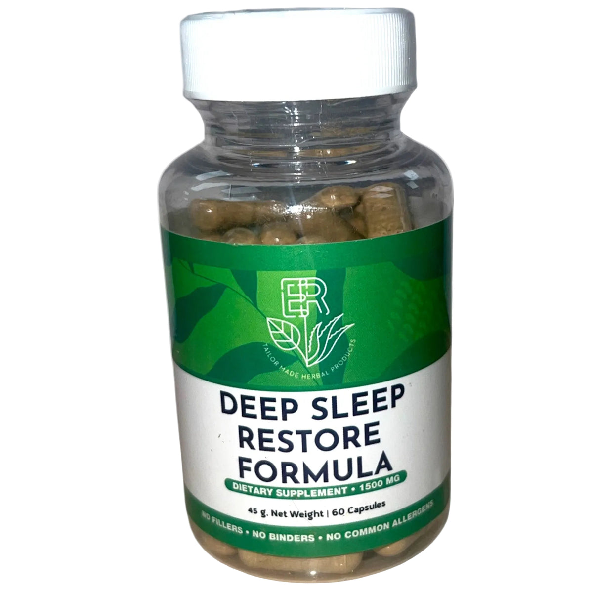 A clear plastic bottle of ER Natural Products Deep Sleep Restore Formula dietary supplement, containing 1500 mg capsules, with a green and white label and a white cap, isolated on a white background.