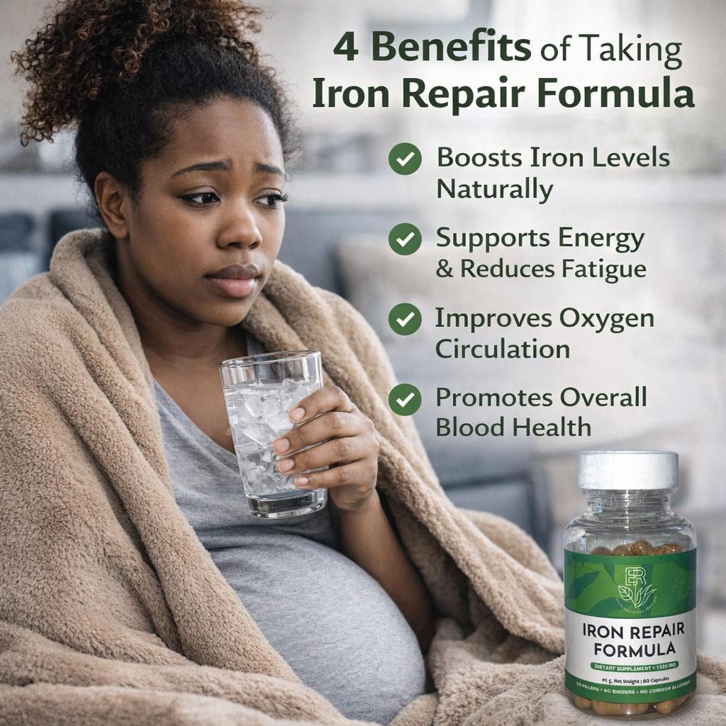 Woman holding a glass of water with text about iron repair formula benefits, including a bottle of the formula.