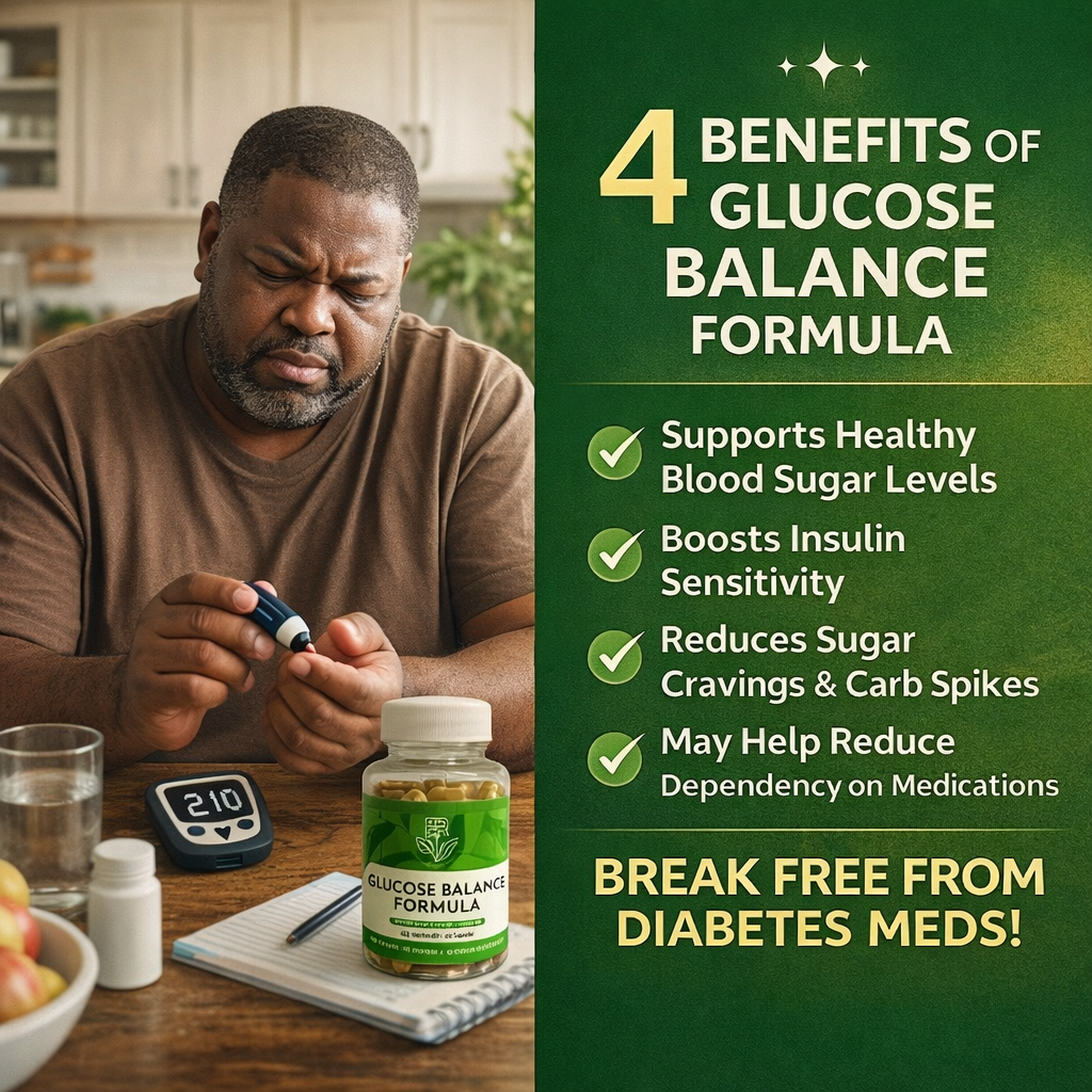 Man using a glucose meter with a bottle of Glucose Balance Formula on a table, next to text listing benefits.
