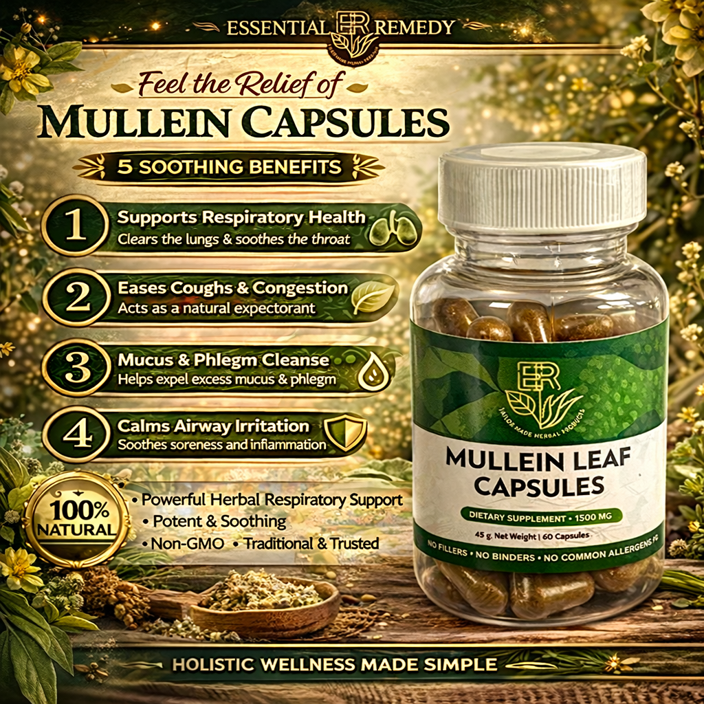 Bottle of Mullein Leaf Capsules with promotional text on a natural background