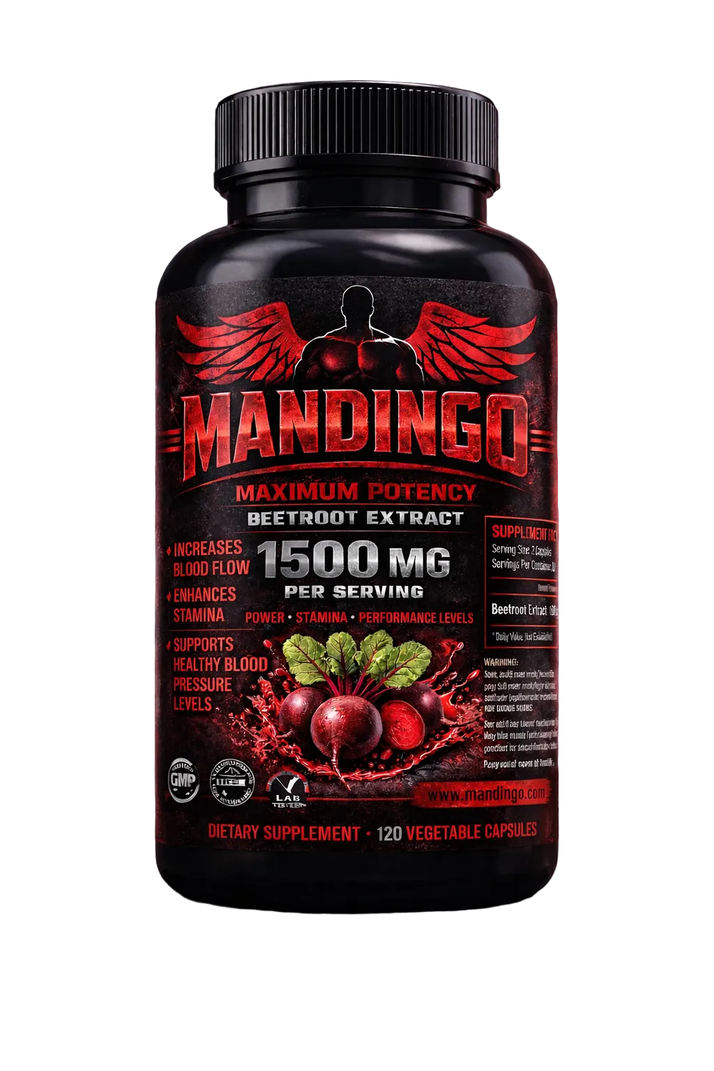 A black bottle of MANDINGO Maximum Potency Beetroot Extract dietary supplement, featuring a bold red and black label with beetroot graphics, set against a dark, textured background.