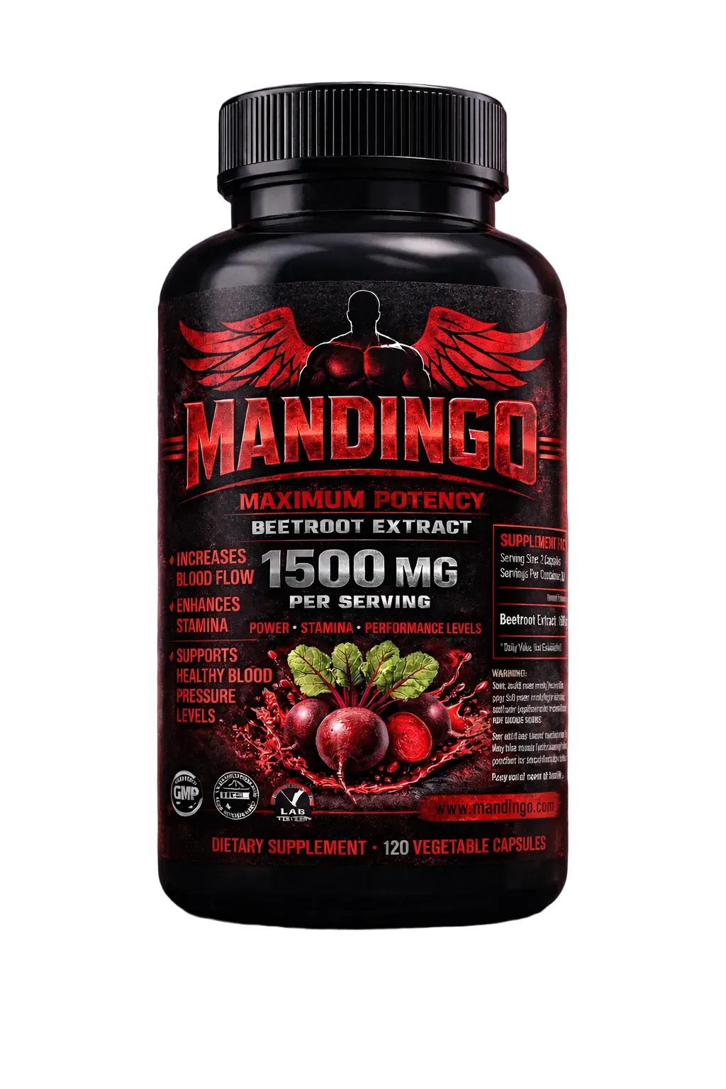 A black bottle of Mandoingo Beetroot Extract dietary supplement with a black cap, featuring red and white text and beetroot graphics on the label.