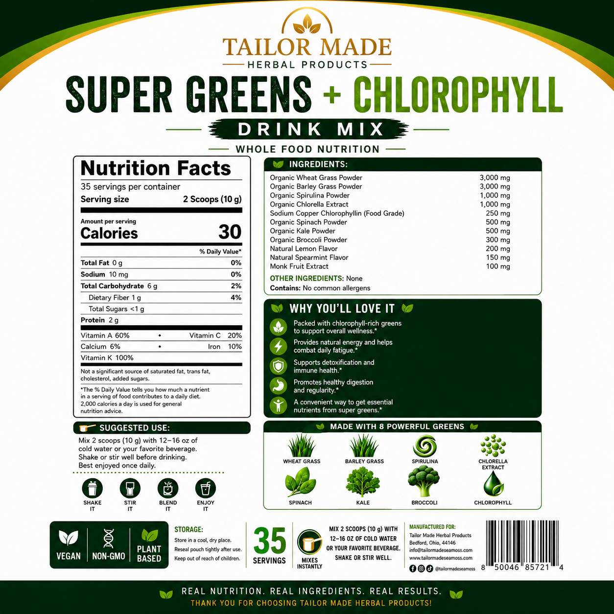 Back of a drink mix package showing nutrition facts, ingredients list, and product information for Tailor Made Herbal Products Super Greens + Chlorophyll Drink Mix.