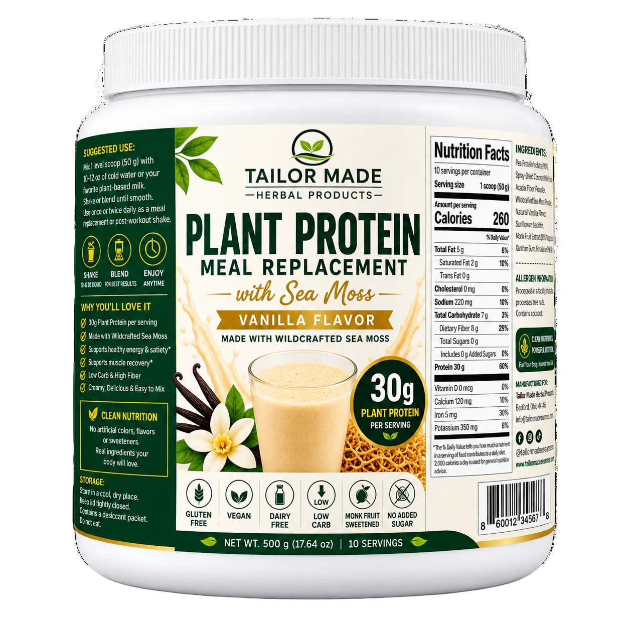 A white plastic tub of Tailor Made Herbal Products Plant Protein Meal Replacement with Sea Moss, Vanilla Flavor. The front label features green and white graphics with illustrations of vanilla flowers and a glass of creamy drink.