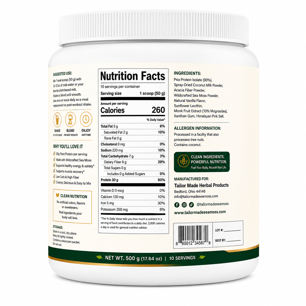 Back of Tailor Made Plant Protein Meal Replacement with Sea Moss Vanilla showing Nutrition Facts, ingredients and 30g plant protein per serving