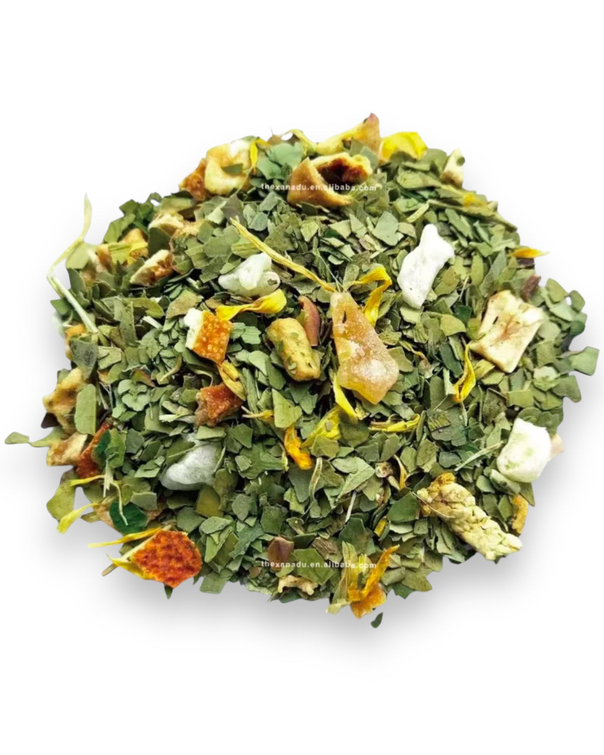 Herbal tea blend with green leaves, flowers, and petals on a white background