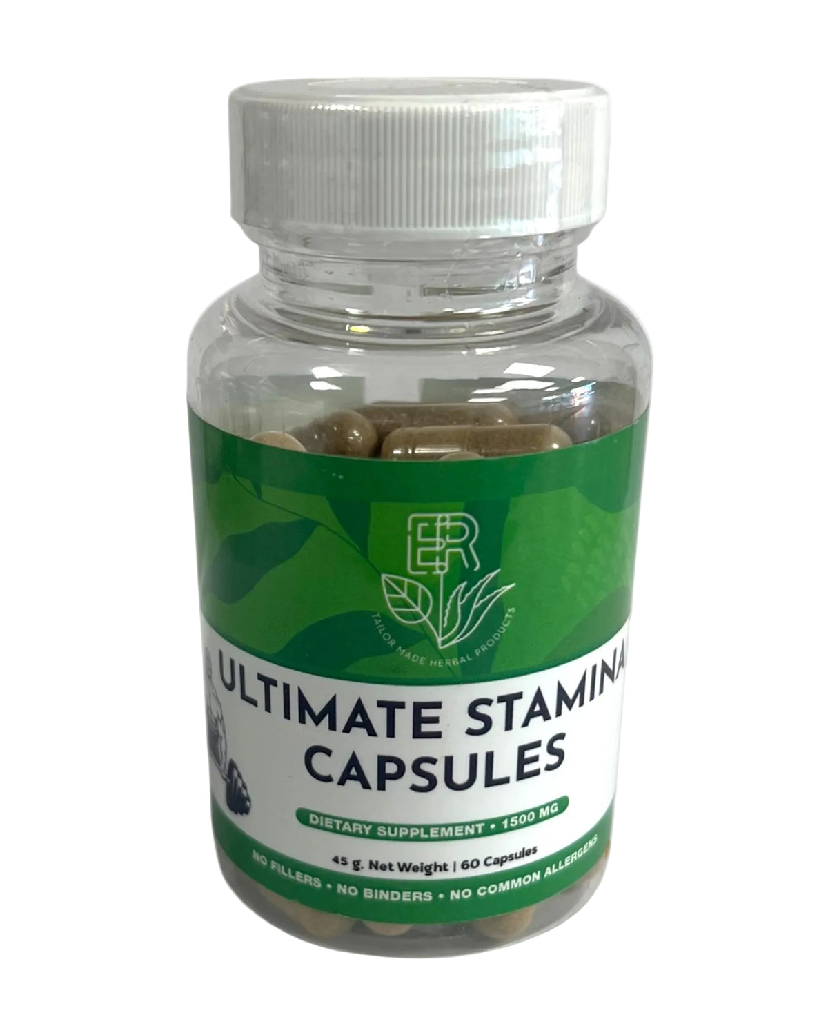 A bottle of Ultimate Stamina capsules with a green label, displaying the product name and mentions of the ingredients Tongkat Ali, Maca Root, Horney Goat Weed & Ashawaghnda.