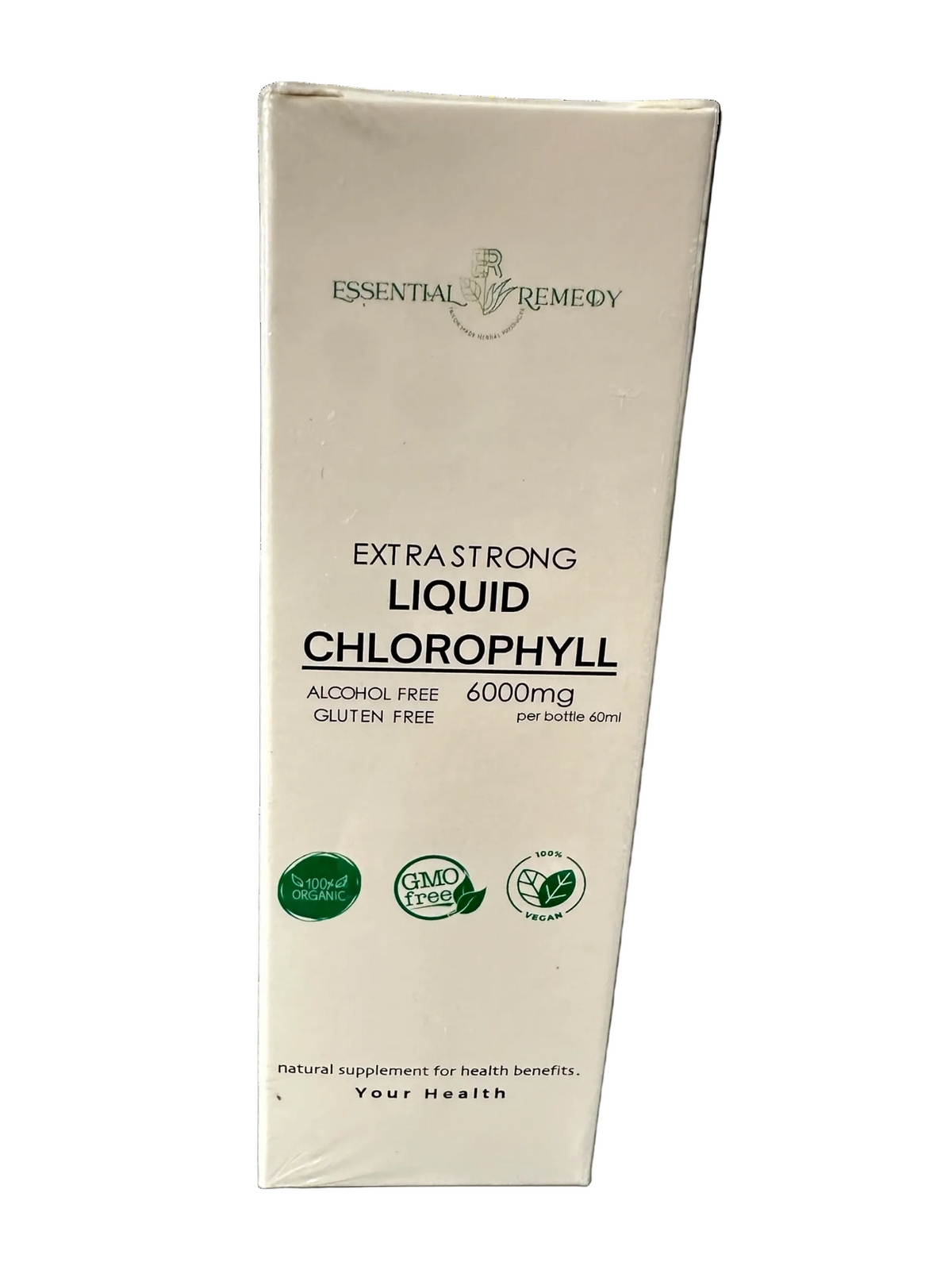 Box of Essential Remedy Extra Strong Liquid Chlorophyll supplement on a white background