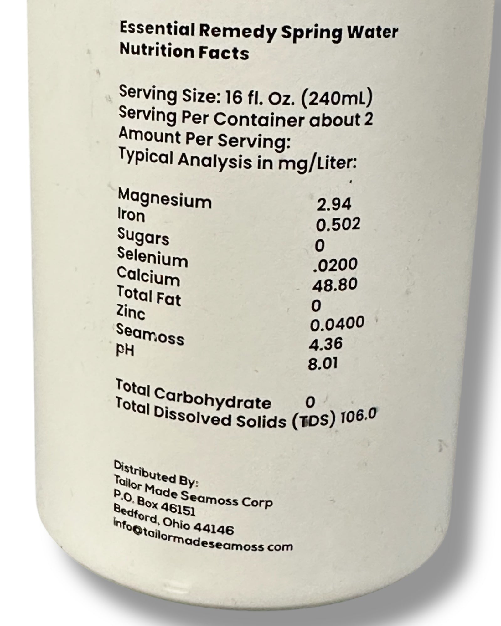 Nutrition facts label on a white bottle for Essential Remedy Spring Water by Tailor Made Seamoss Corp.