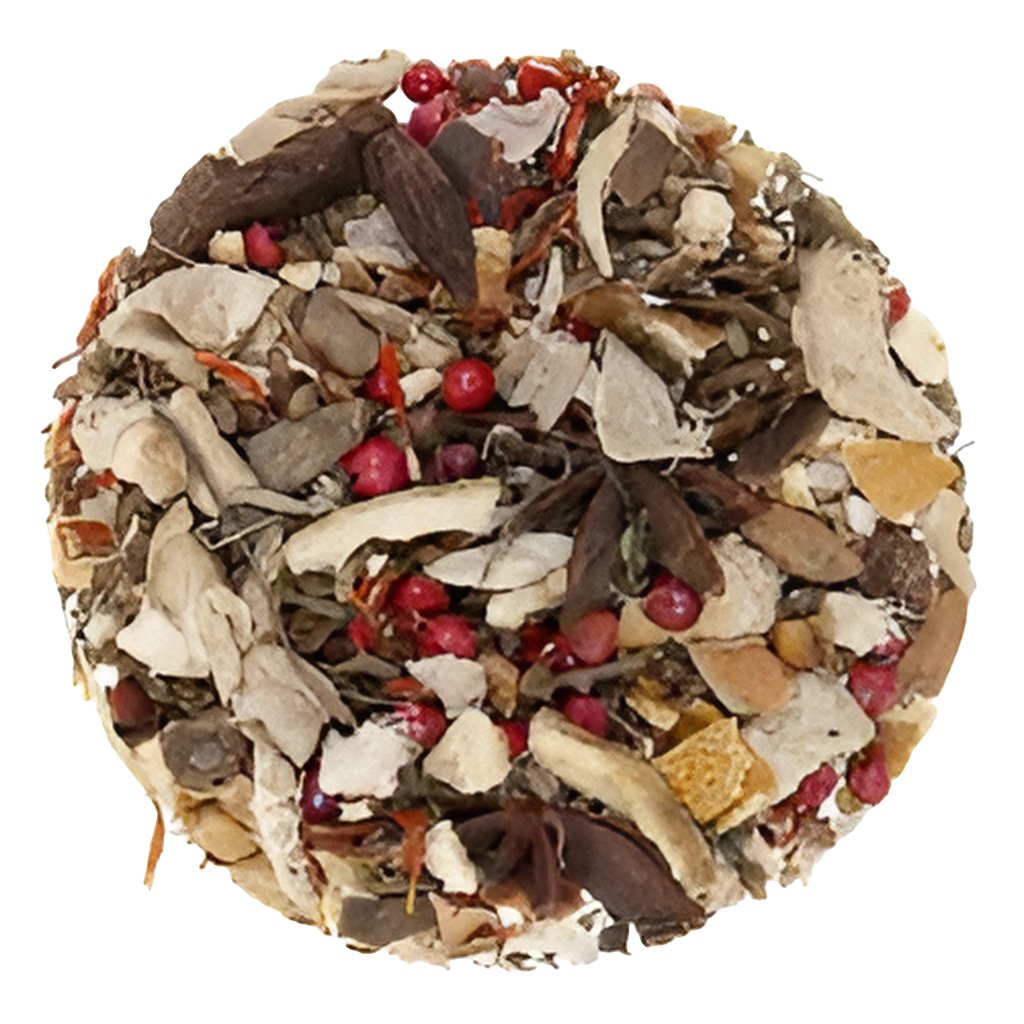 A circular pile of loose herbal tea blend featuring dried leaves, bark pieces, small brown pods, and scattered bright red berries on a plain white background.
