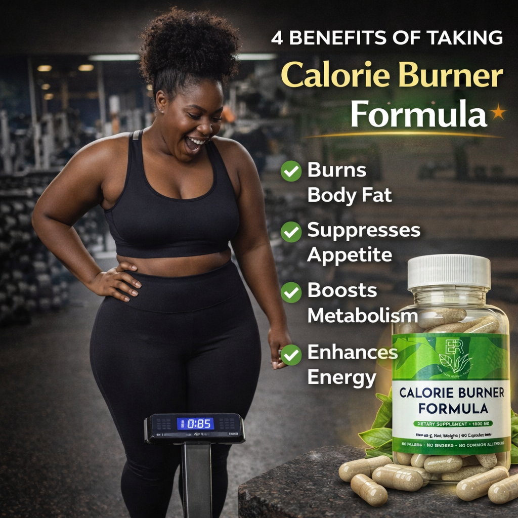 Woman on a scale with calorie burner formula packaging and benefits listed