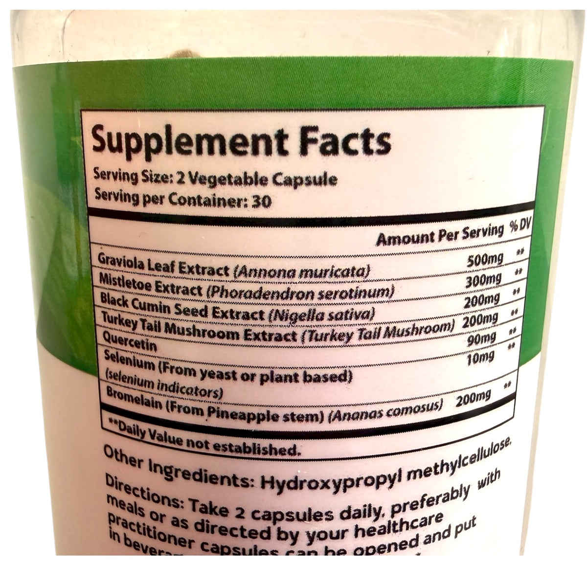 Supplement label with ingredients and directions on a white background
