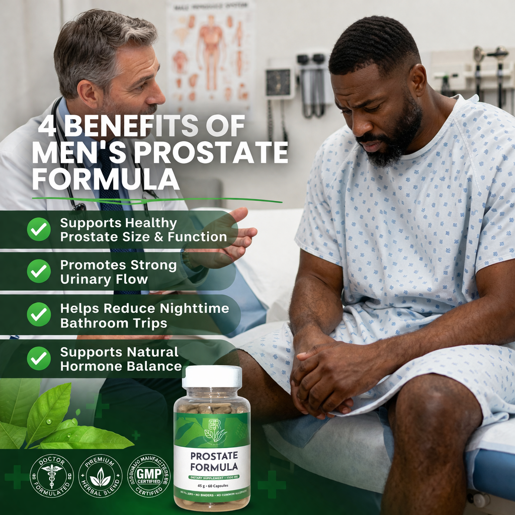 Doctor explaining benefits of men's prostate formula to a patient in a hospital setting.