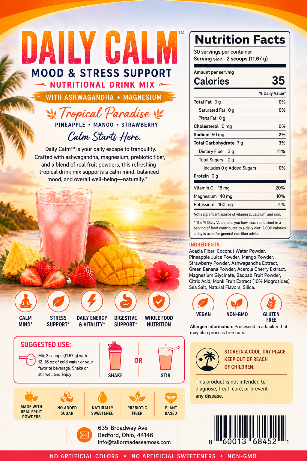 The back of a Daily Calm Mood & Stress Support Nutritional Drink Mix box, featuring product details, nutrition facts, ingredients, usage icons, and a tropical drink illustration on a white background.