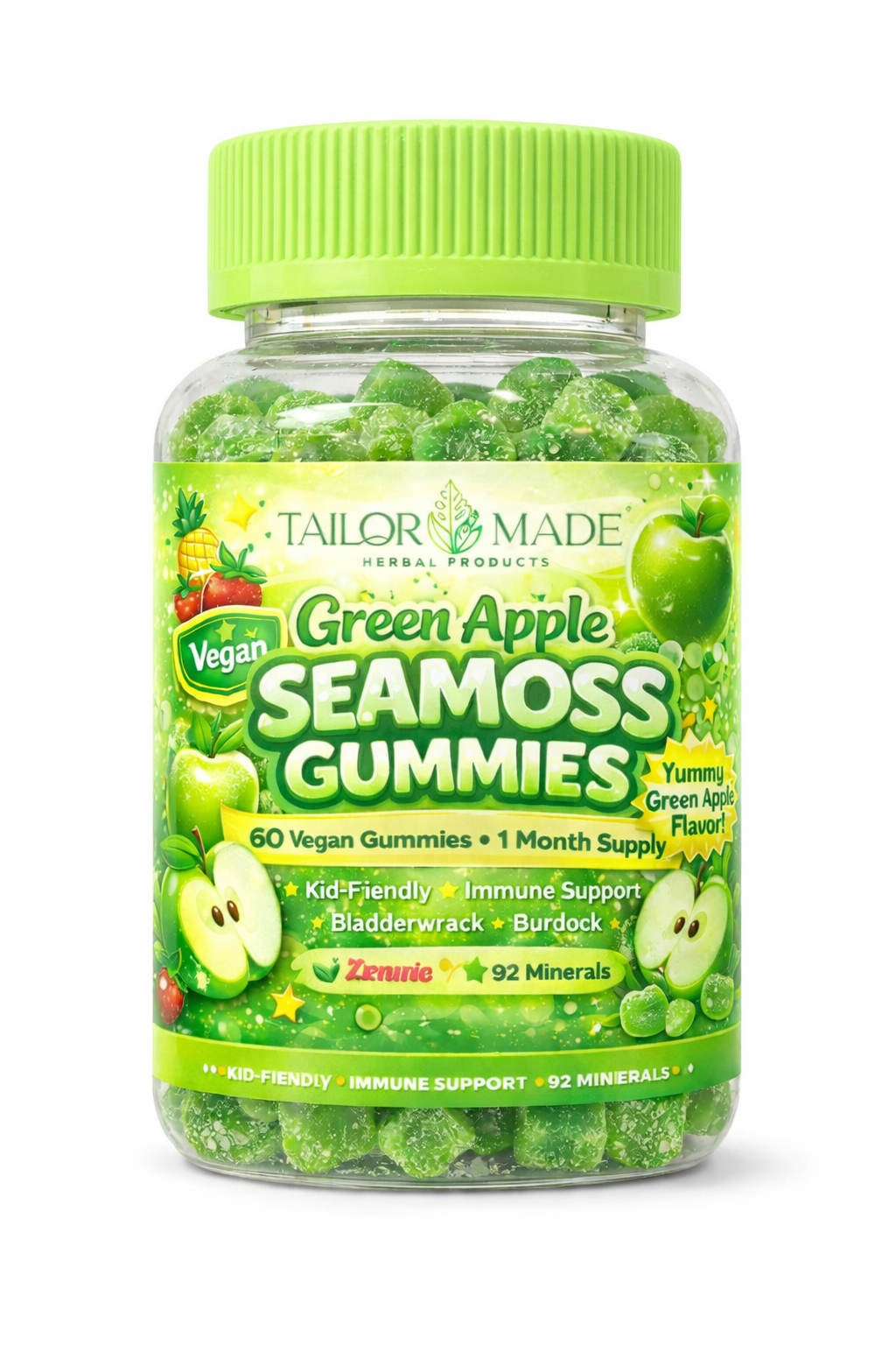 Clear plastic jar of green Seamoss Gummies with a lime green lid. Label reads Tailor Made Green Apple Seamoss Gummies.