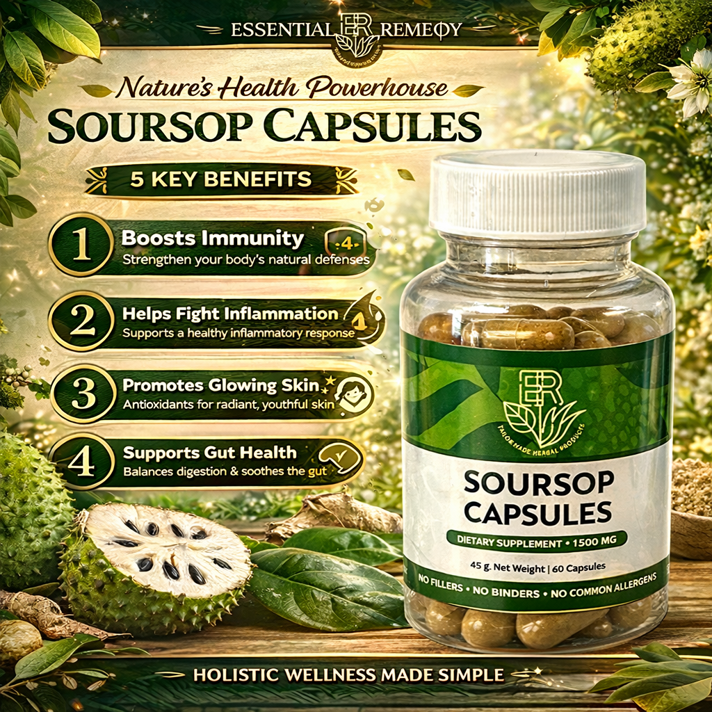 Soursop capsules bottle with health benefits on a natural background