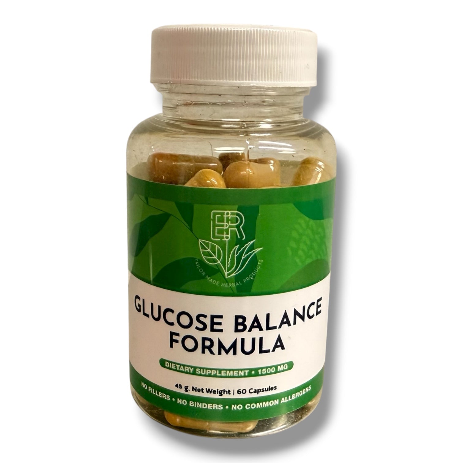 Supplement bottle labeled 'Glucose Balance Formula' on a white background