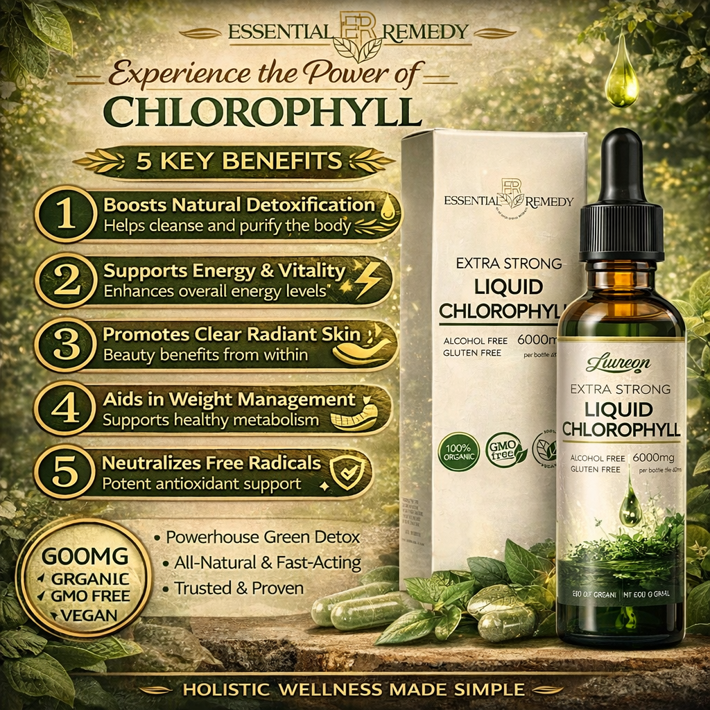 Essential Remedy Liquid Chlorophyll product with benefits listed on a natural background